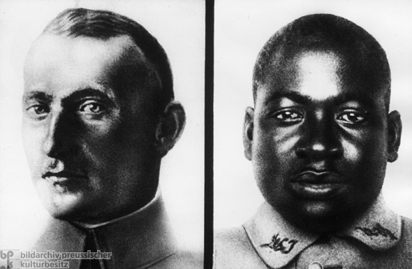 NS-Rassenkunde: Gegenüberstellung von „nordischer Rasse” und „negroidem Typ” (aus der Dia-Serie „Blut und Boden”) (um 1935)
